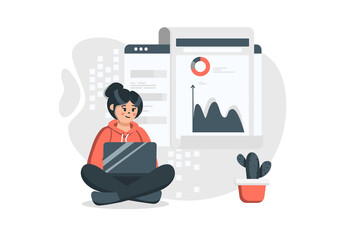 Aufkleber - Data analytics concept in flat design. Woman analyzes datum, works with statistics graphs and diagrams, writes financial or marketing report using laptop. Illustration with people scene for web