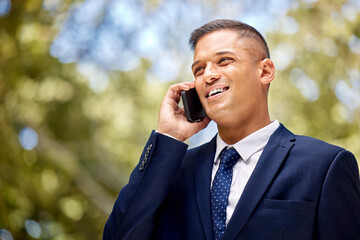 Poster - Businessman, phone call and communication with conversation and networking, company business and b2b with technology. Online, connect with phone, corporate deal and talking with mockup and 5g network