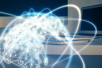 Aufkleber - Multi exposure of business theme icons and table with computer background. Concept of success.