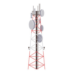 Poster - Radio tower with antenna, broadcasting equipment. Vector towered communication technology antenna, towering broadcast construction in city with network wireless signal station