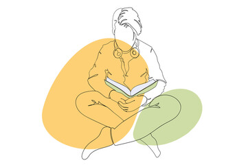 Wall Mural - Young man reading book continuous line drawing concept. Guy with headphones sitting and holding book. Student learning with textbook for exam. Illustration in outline hand drawn design for web