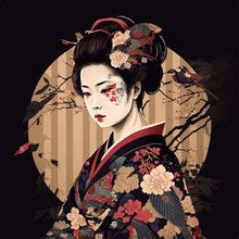 Icon Of A Japanese Geisha Woman In Traditional Floral Dress