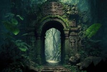 Mayan Gate In The Forest. Generative AI