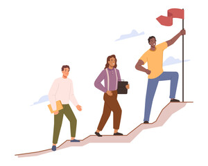 Poster - Leader leading team in right direction, reaching goals and achieving success. Isolated teamwork and colleagues working together. Flat cartoon character vector