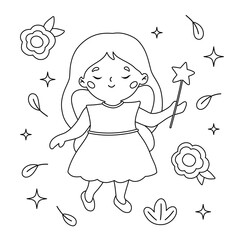 Wall Mural - Cute outline fairy with magic wand. Cartoon flowers and leaves. Coloring page with beautiful flying princess. Fairy tale coloring book. Black and white vector illustration.