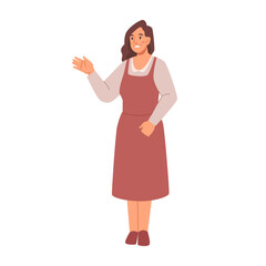 Aufkleber - Cartoon woman shows presentation pointing by hand, promotion and advertisement concept. Female pointing at something with fingers, showing and introducing product with hand gesture