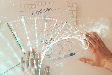 Poster - Man's hands working with notes background. Genetic engineering and gene manipulation concept.