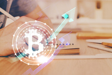 Aufkleber - Man's hands working with notes background. Cryptocurrency and finance concept.