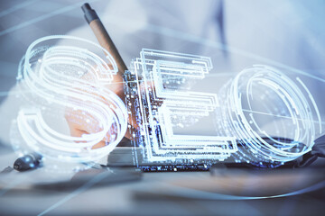 Poster - Double exposure of woman's hands making notes with SEO icon. Concept of Search engine optimization