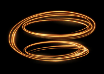 Poster - Light trails, shimmering shiny swirls isolated on black. Vector golden glitter glow and sparkling flare spiral swirls. Fire light effect waves and glittering tails