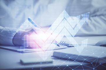 Aufkleber - Blue arrow over woman's hands taking notes background. Concept of success. Double exposure