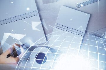 Poster - Multi exposure of hands making notes with world map hologram and data theme icons. Concept of global data.