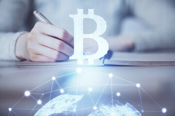 Poster - Cryptocurrency hologram over woman's hands writing background. Concept of blockchain. Multi exposure