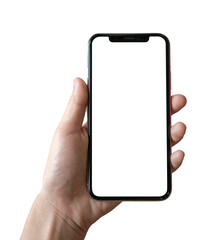 Hand holding black iPhone isolated on white background. Mobile phone for app, web design, logo, wireframes... Smarphone on PNG file transparent