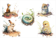 Little Children Of Animals: A Fox, A Snake, A Mouse, A Hare And A Chick In Watercolor Style. Isolated Vector Illustration
