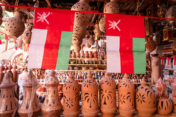 Wall Mural - Omani Souvenirs. Hand Made Pottery in Nizwa Market. Clay Jars at the Rural Traditional Arabic Bazaar, Oman. Arabian Peninsula. 