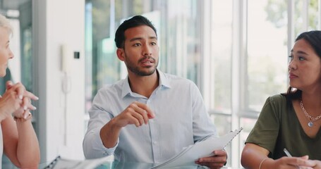 Canvas Print - Businessman giving paperwork to marketing team, meeting and collaboration in office for company planning, management and innovation of ideas. Manager, diversity teamwork and strategy with documents