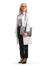 Sticker - Smiling female octor holding a clipboard and looking at camera