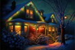 Christmas Lights outside on a house and in the garden. Generative AI