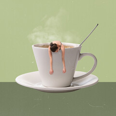 Contemporary art collage. Creative design. Sleepy woman lying inside cup with coffee, espresso. Waking up