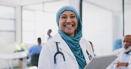 Poster - Tablet, healthcare and happy muslim woman doctor in hospital for telehealth, medical research or management in Indonesia . Portrait of smile surgeon in hijab, digital technology or clinic information