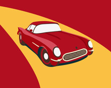 Retro Car Isolated On White Background. 1953 Chevrolet Corvette. Red Vintage Car On Red Background With Yellow Road