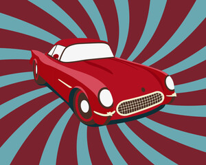 Retro car. 1953 Chevrolet Corvette. Red vintage car on retro sunburst background