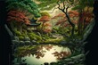 Generative Ai; Generative; Ai; Japonese garden with cherry blossom, sakura, green trees; with water lake and japonese house..