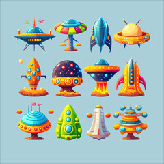Aufkleber - Alien spaceship, fantasy planets game Isolated on background. Cartoon flat vector illustration