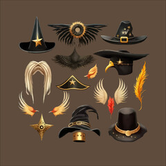 Wall Mural - Magic witch hats, wizard caps for Halloween Isolated on background. Cartoon flat vector illustration