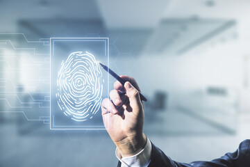 Aufkleber - Multi exposure of developer's hand with pen working with virtual graphic fingerprint sketch on blurred office background, fingerprint scan data concept