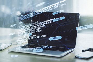 Fototapete - Abstract creative coding concept on modern laptop background. Multiexposure