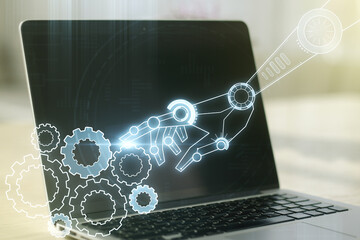 Poster - Creative abstract robotics technology hologram on modern computer background, artificial intelligence and machine learning concept. Multi exposure