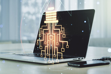 Poster - Double exposure of creative light bulb hologram with chip on laptop background, idea and brainstorming concept