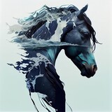 Fototapeta Koty - Double exposure of horse and waves, blue dripping color and splashes, nature in water background. AI generative