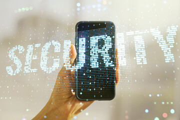 Aufkleber - Cyber security creative concept and hand with cellphone on background. Double exposure
