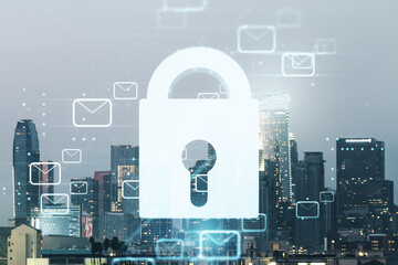 Poster - Abstract virtual lock sketch with email symbols hologram on Los Angeles office buildings background, protection of personal data concept. Multiexposure