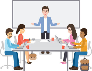 Wall Mural - Group of working people, businessmen and businesswomen meeting in conference room, business team brainstorming together in office.