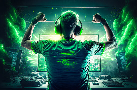 Wall Mural -  - Professional eSports gamer rejoices in the victory and green game room background. Postproducted generative AI digital illustration.
