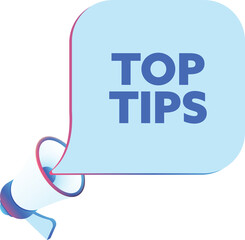 Fototapete - Top tips text with 3d realistic megaphone vector illustration. Banner template to announce news about webinar in social media, training course, marketing technology poster