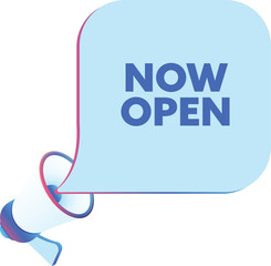 Poster - Now open text with 3d realistic megaphone vector illustration. Banner template to announce news about webinar in social media, training course, marketing technology poster