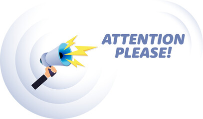 Fototapete - Hand hold megaphone. Attention please, realistic 3d megaphone, loudspeaker with lightning. Symbols Speaker, Social media, Advertising and promotion. Vector