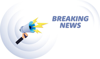 Poster - Hand hold megaphone. Breaking news, realistic 3d megaphone, loudspeaker with lightning. Symbols Speaker, Social media, Advertising and promotion. Vector