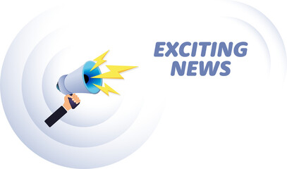 Poster - Hand hold megaphone. Exciting news, realistic 3d megaphone, loudspeaker with lightning. Symbols Speaker, Social media, Advertising and promotion. Vector