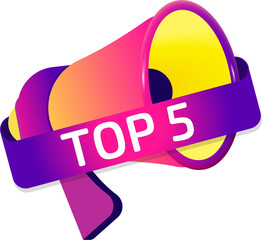 Poster - Top 5 banner label, badge icon with megaphone. Flat design