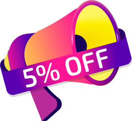 Aufkleber - 5 percent off banner label, badge icon with megaphone. Flat design