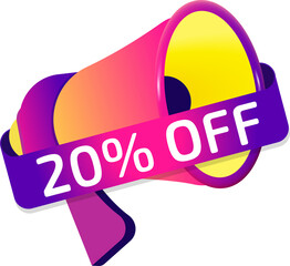 Aufkleber - 20 percent off banner label, badge icon with megaphone. Flat design