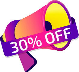 Aufkleber - 30 percent off banner label, badge icon with megaphone. Flat design