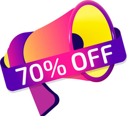 Aufkleber - 70 percent off banner label, badge icon with megaphone. Flat design