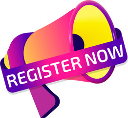 Poster - Register Now banner label, badge icon with megaphone. Flat design
